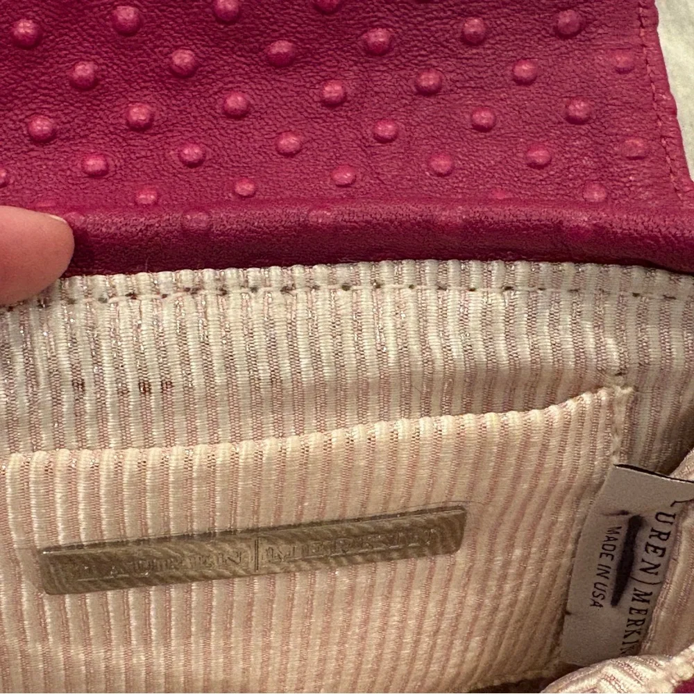 Lauren Merkin Pink Ostrich Leather Clutch With Silver Chain Strap